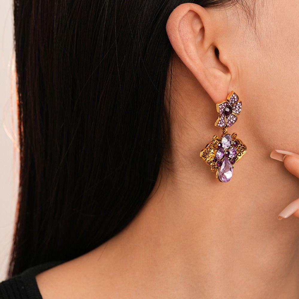 Shining Rhinestone Drop Earrings Exquisite Purple Earrings Fashion Vintage Flower Earrings Women