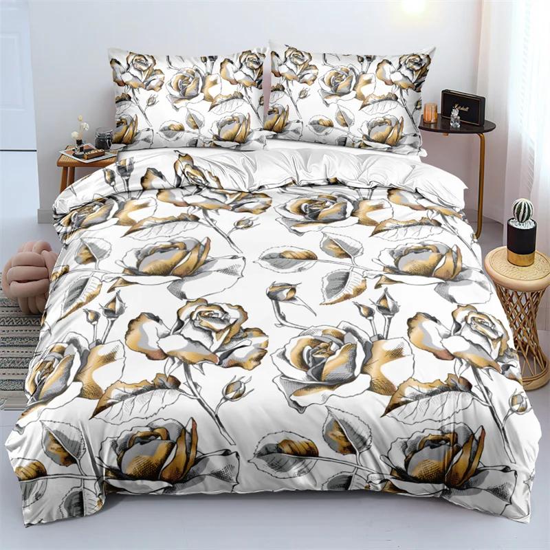 3D Design Flower Duvet Cover Sets King Queen Twin Size Floral Print Bedding Set Bedroom Decor Dark Gold Flowers for Girls Women
