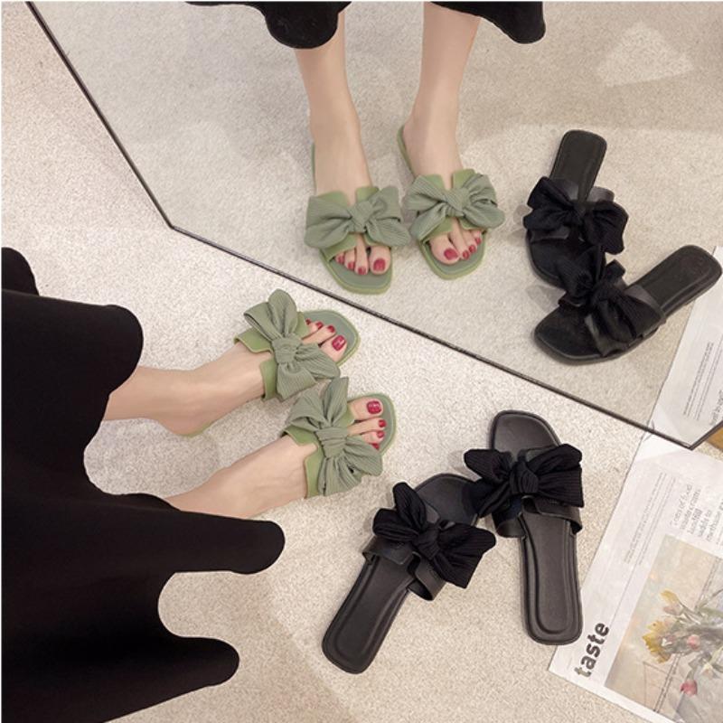 Однотонная женская обувь с бантом, летние корейские модные нескользящие тапочки, верхняя одежда, пляжные тапочки