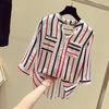 Vertical Striped Shirt Women Spring Loose Seven Sleeve Tops Hong Kong Style Blue V-Neck Chiffon Vintage Basic Office Casual Women Shirt