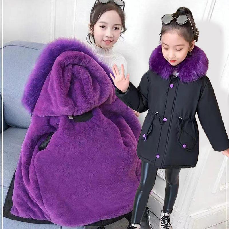 Winter Girls Jacket Fur Collar Lining with Velvet Hooded Thick Coat for Kids Children Children's Outerwear Big Size Teen-agers