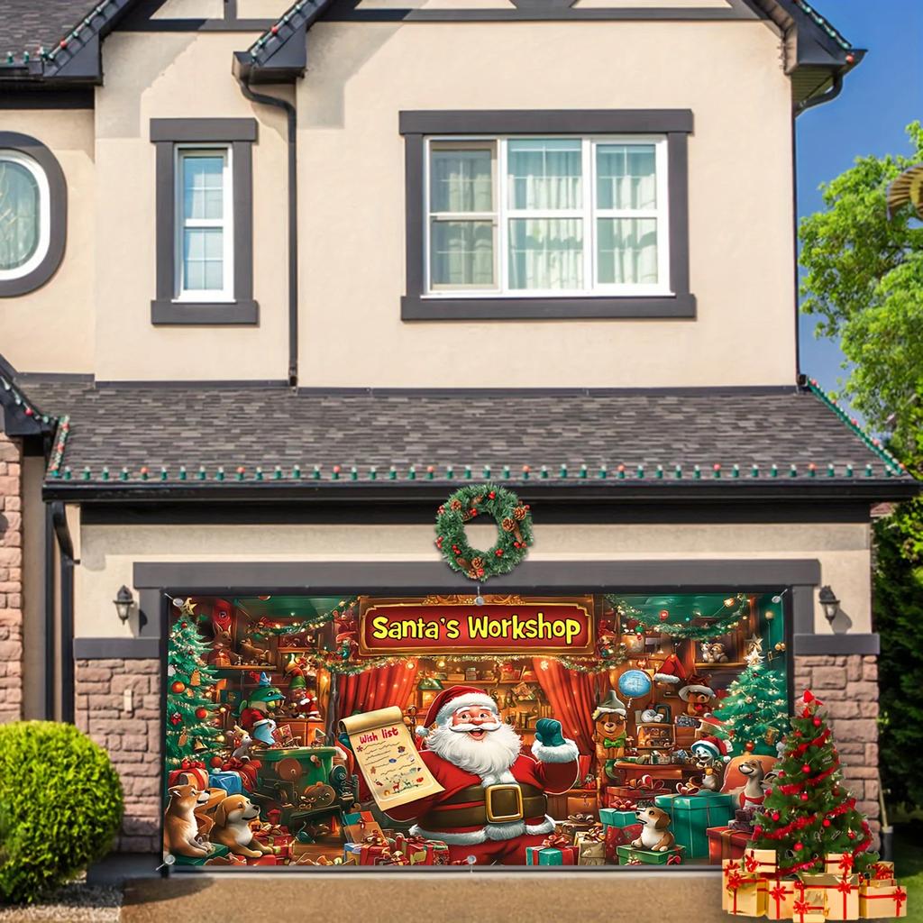 One vibrant Santa Claus gift garage door decoration backdrop large-scale outdoor Christmas decorationZL