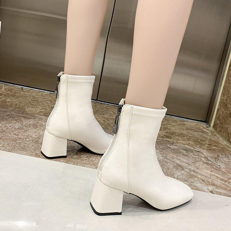 Женские однотонные модные туфли на высоком каблуке с застежкой-молнией сзади Модные ботинки Высокие ботинки Кожаные туфли Ботинки средней высоты Женская обувь