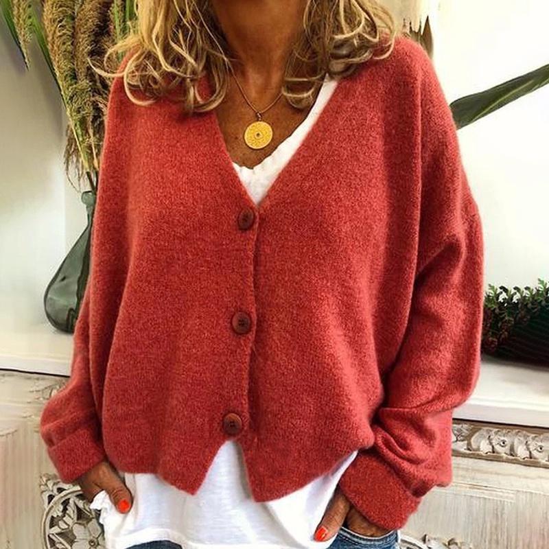 Knitted Womens Plain Coat Cardigan Ladies Button Loose Jumpers Sweater Size Plus