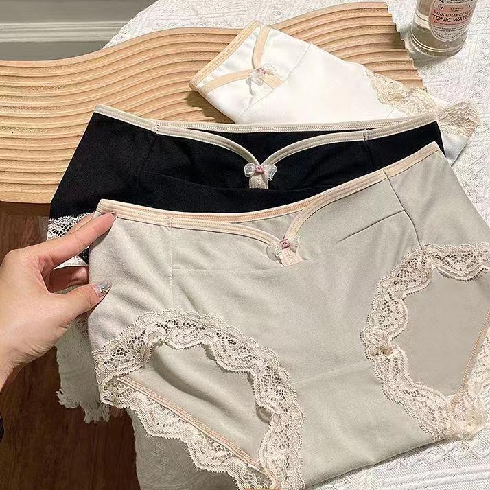 3PCS New Low Waist Panties for Women Underwear Sexy Lace Satin Large Size Briefs Big Panties