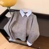 Fake Two Shirts Collar Sweater Women's Autumn Outfit Lazy Linterior Contrasting Color Gray Knit Sweater Top With Flip Collar