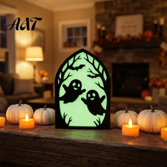 Halloween Desktop Spire Arch Wooden Screen Ornaments, Glow in The Dark Gothic Glowing Silhouette Decor, No Assembly Atmosphere Supplies for