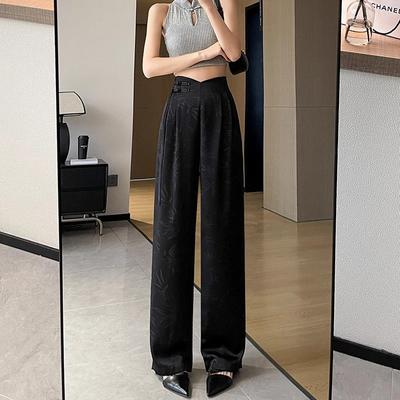 Новые брюки палаццо из сатина с тиснением в китайском стиле для женщин на лето, тонкие, с высокой посадкой, прямые, узкого кроя, драпированные, повседневные