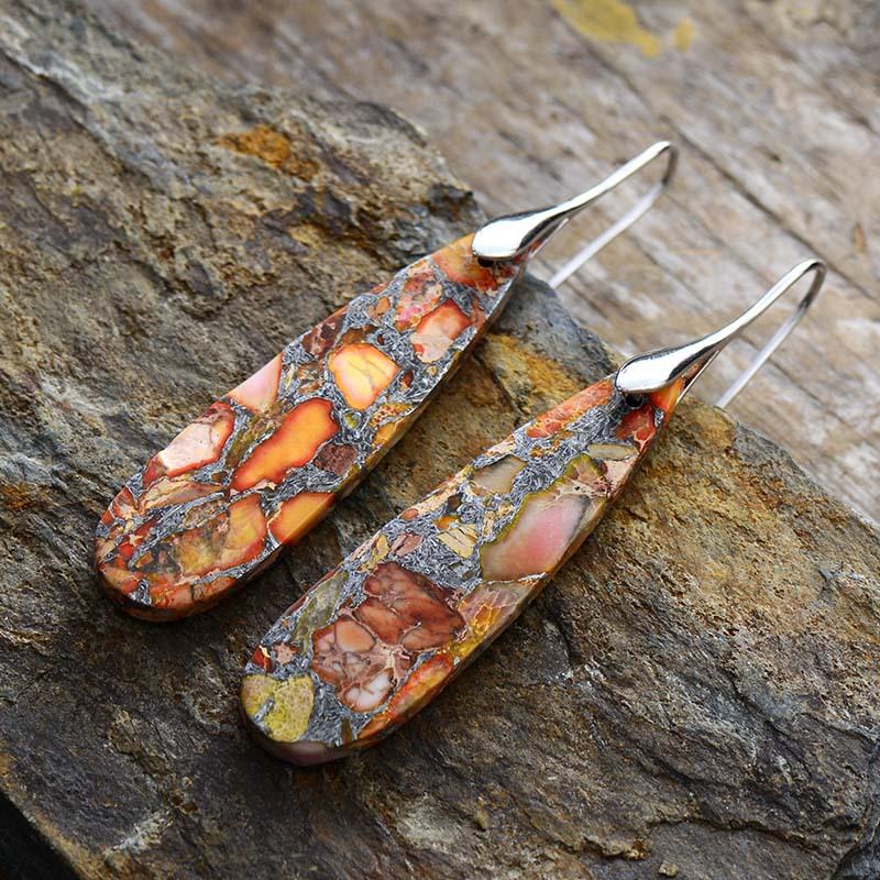 BLINGBAY Women's Bohemian Vintage Natural Stone Drop Earrings Colorful Resin Inlay Long Dangle Earrings Ethnic Jewelry Gift