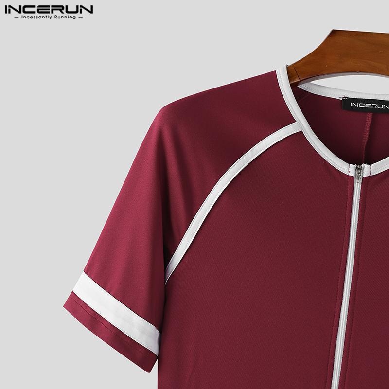 INCERUN Men Short Sleeve Stitching Fitted Jumpsuits Romper Bodysuits Pajamas Home Wear