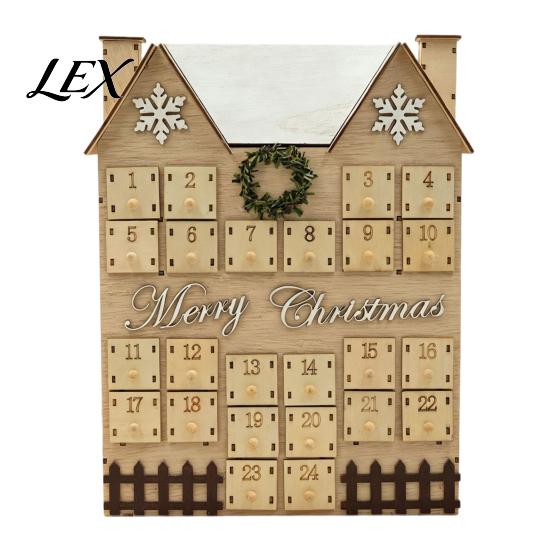 Reusable Christmas Gift Box Wooden House Advent Calendar, with 24 Drawers, Countdown to Festive Desktop Decoration Box, Refillable Xmas Holiday