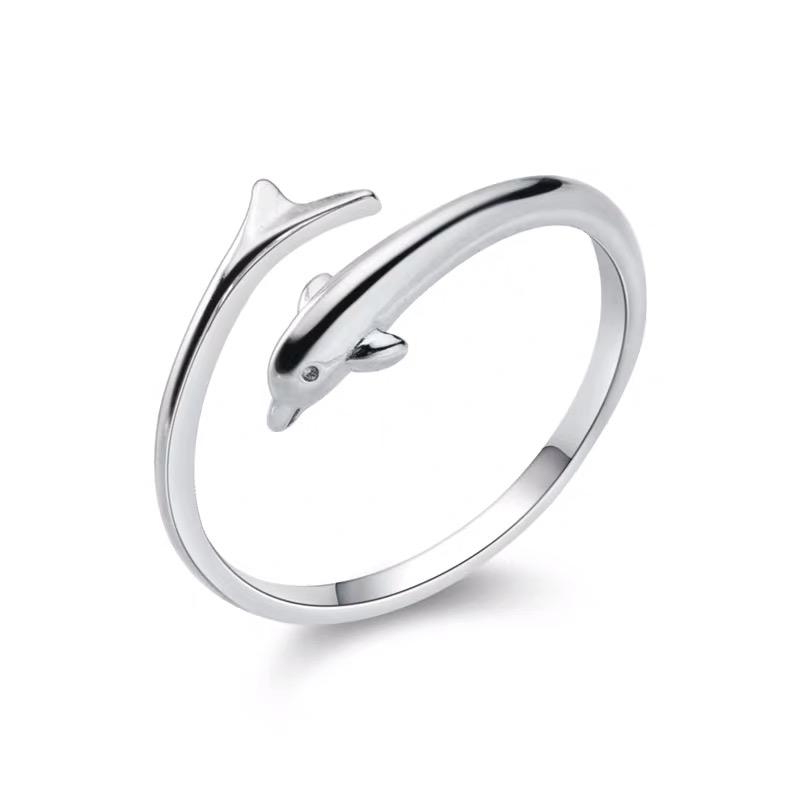 Real 925 Silver Geometric Black Enamel fish tail Adjustable Ring Minimalist Fine Jewelry For Women Party Gift