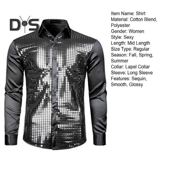 Мужская рубашка для клубных танцев, однобортная, с блестящими пайетками на лацканах, облегающая, с цветными полосками, глянцевая, с длинным рукавом, для выступлений