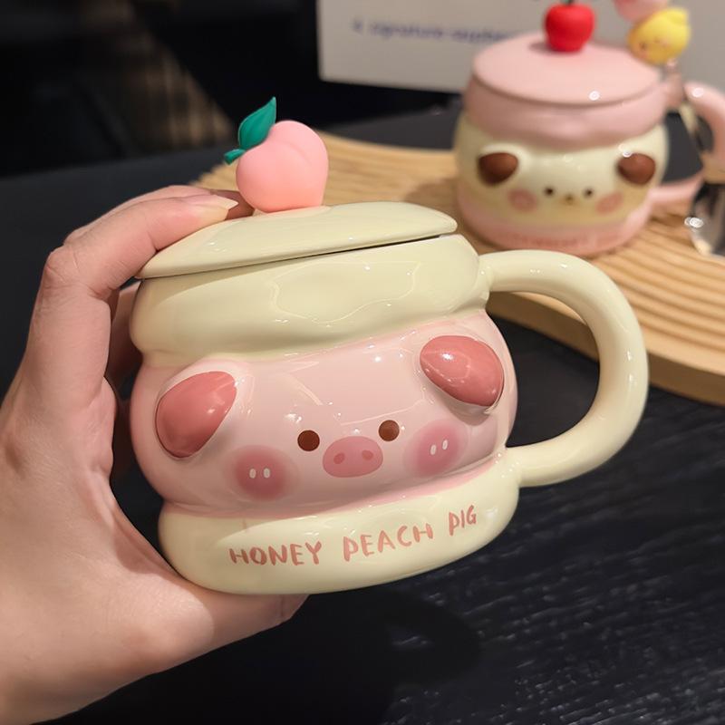 Cartoon Cute Sandwich Biscuit Ceramic Mug with Lid Spoon Cute Water Cup As A Gift for Girlfriends