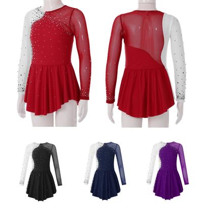 Детская одежда для танцев для девочек, платья для катания на коньках с длинными рукавами и круглым вырезом, декорированные стразами, контрастного цвета