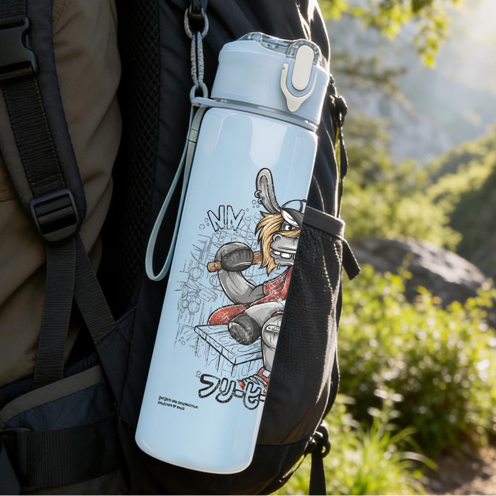 1PC Colorful warrior character graphic print 750ml colorful plastic sports water bottle leakproof pop lid with straw for outdoor office home use