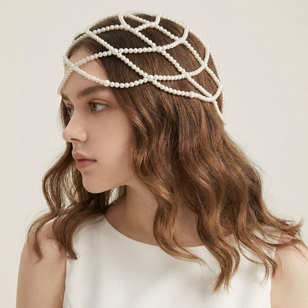 Hand-Made Mesh Hair Accessories Pearls Weave Bridal Head Ornament Pearl Headpiece Bridal Wedding