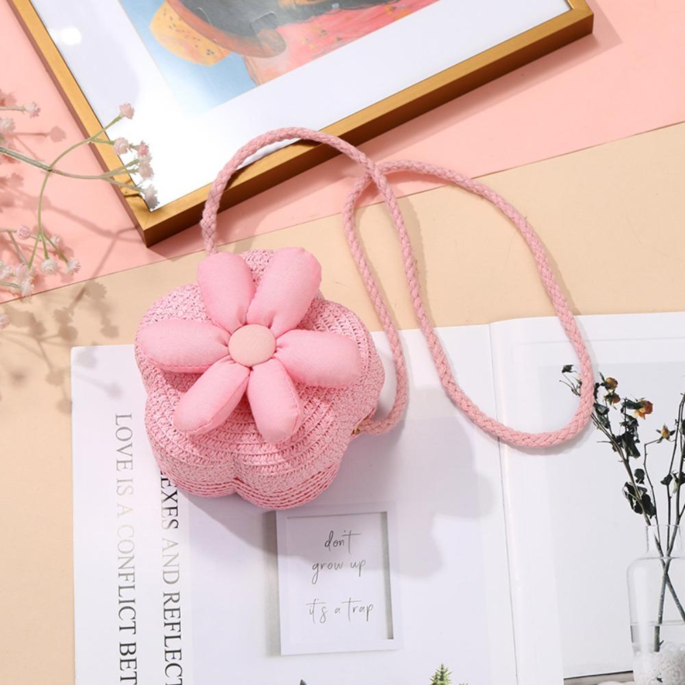 Cute Handmade Kids Straw Bag Flower Shape Woven Crossbody Bag Summer Beach Bag for Children Girls