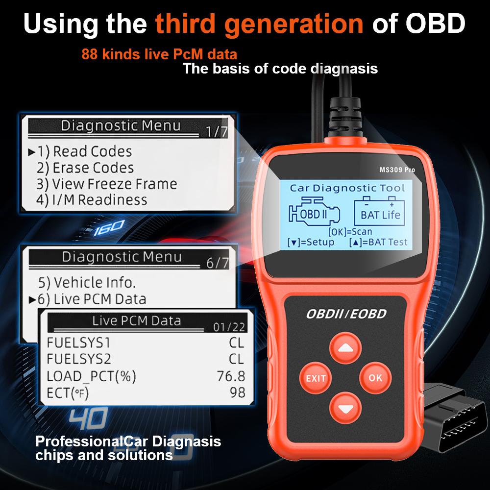 Диагностический сканер OBD2 для проверки двигателя, многоязычный сканер кодов неисправностей в реальном времени MS309PRO, тестер аккумулятора.