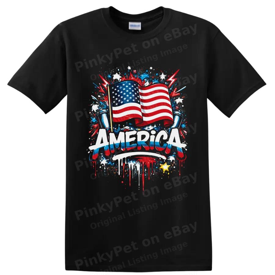 American Flag Patriotic T Shirt w/ Red White Blue Paint Splash Freedom Art Tee