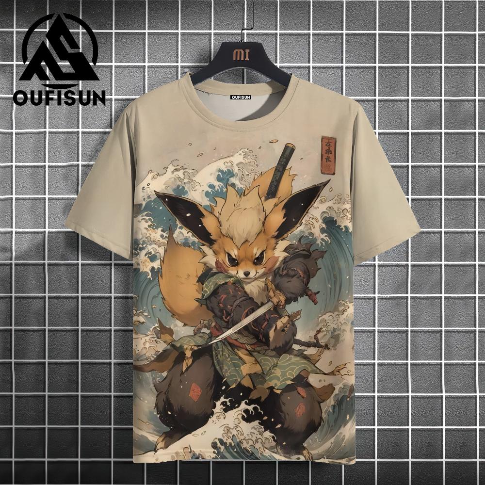 Men's Animal T-Shirt Japanese Samurai Cat Element Graphic 3D Print T-Shirt