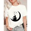 Black Oversized T Shirt With Cats On Moon Print For Casual Wear