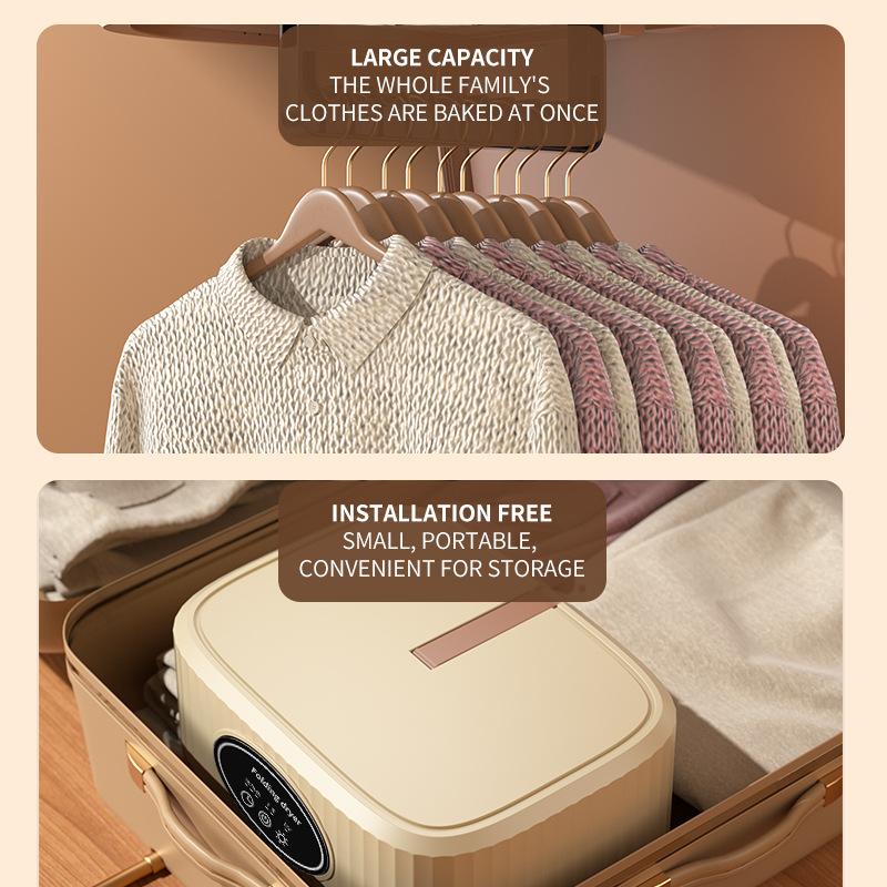 Portable electric clothes dryer featuring 360° hot air circulation, a timer function, and a foldable design.