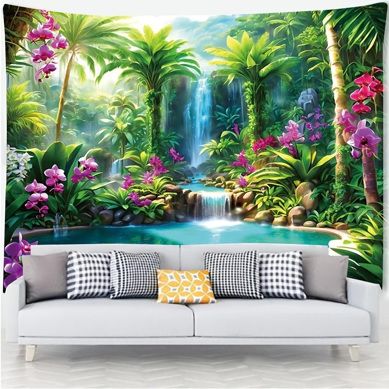 Tropical Waterfall Tapestry, Lush Jungle with Palm Trees and Orchids, Paradise Scenery Wall Art for Living Room Bedroom Decor