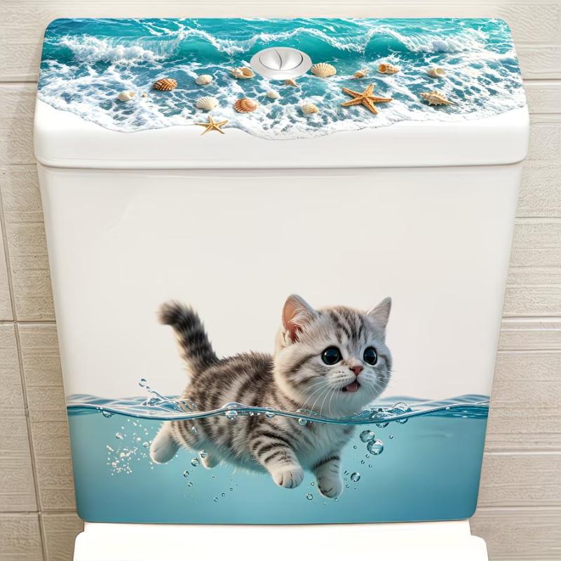 Милая кошка, плавающая в воде, наклейка на унитаз, водостойкая, самоклеящаяся, нетоксичная, виниловая наклейка, безопасная для детей, декор для ванной комнаты