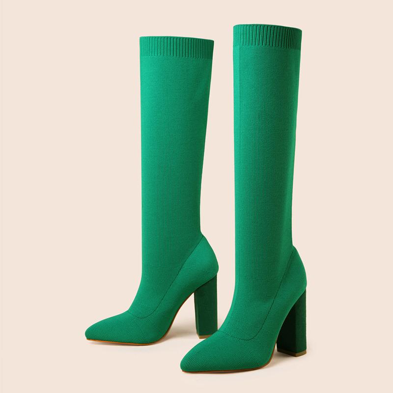 Liyke Green Women Cozy Knitting Stretch Fabric Knee High Boots Fashion Square Heels Autumn Winter Sock Long Shoes Booties Female