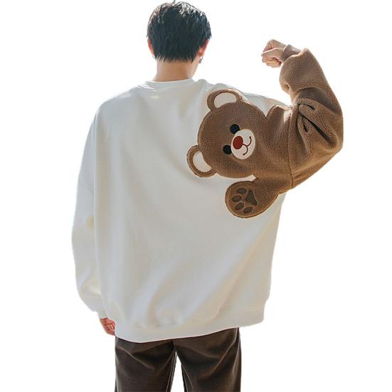 Мужская толстовка с напуском и вышивкой медведя, свободная флокированная студенческая толстовка