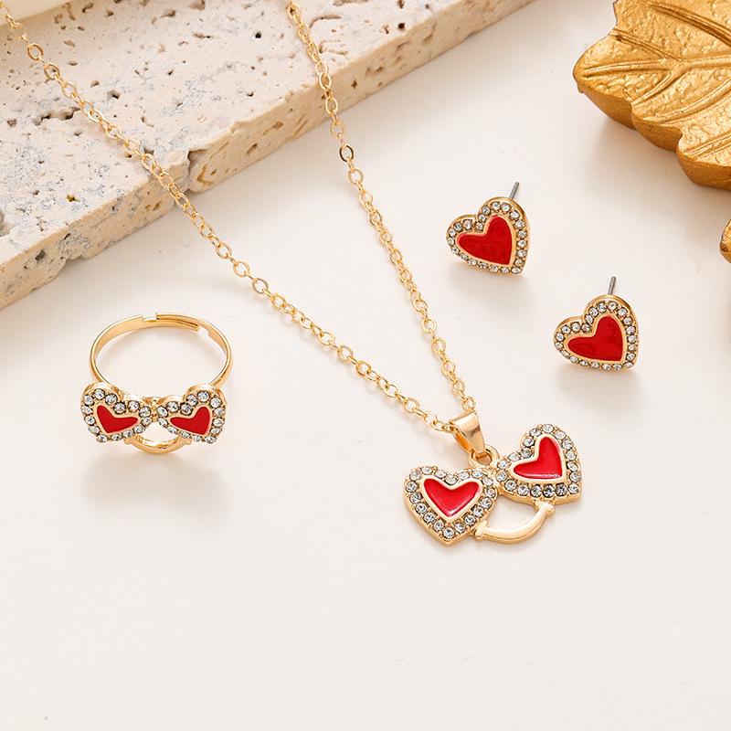 Temu Oil-Drop Heart Jewelry Set: Diamond-Studded Smiley Necklace with Trendy Peach Heart Ring & Earrings for Women