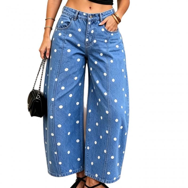 Womens High-Waisted Wide-Leg Denim Pants With Polka Dot Print Straight Fit Cropped To Floor Length 2026