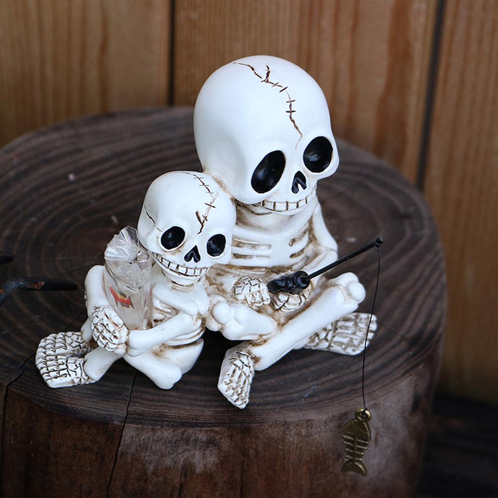 Halloween Skeleton Fishing Statue Parent-Child Fishing Skull Figurine for Landscape Yard Lawn Pond Pool Decor