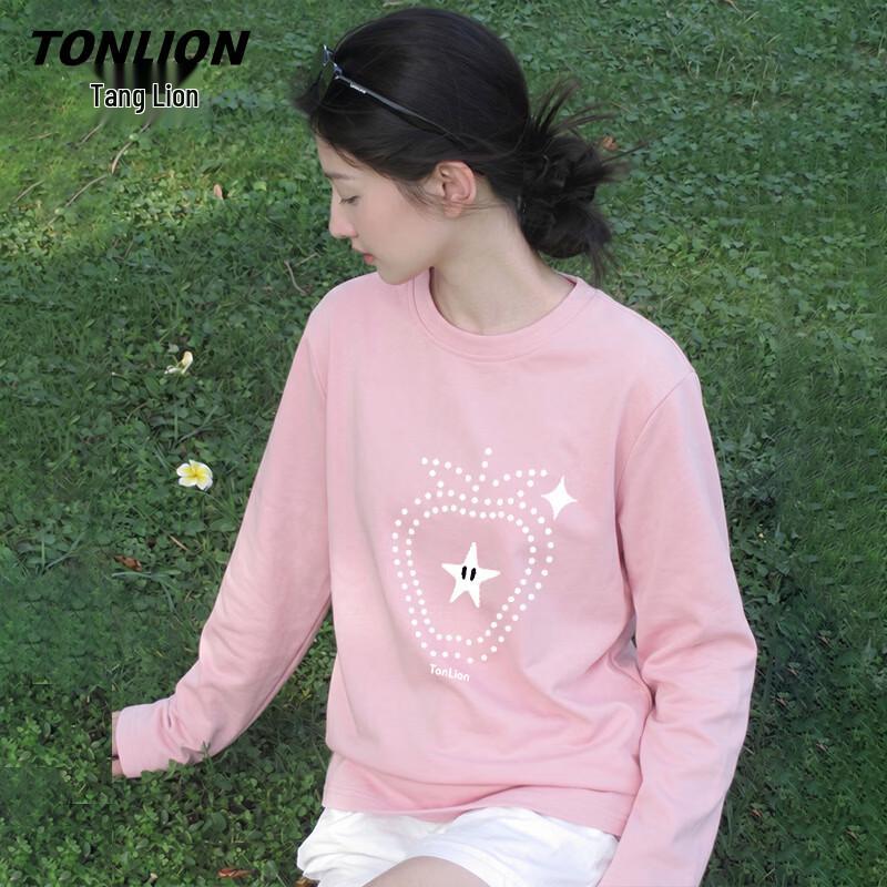 Женская хлопковая футболка с длинным рукавом TonLion, плотная, в горошек, с клубникой