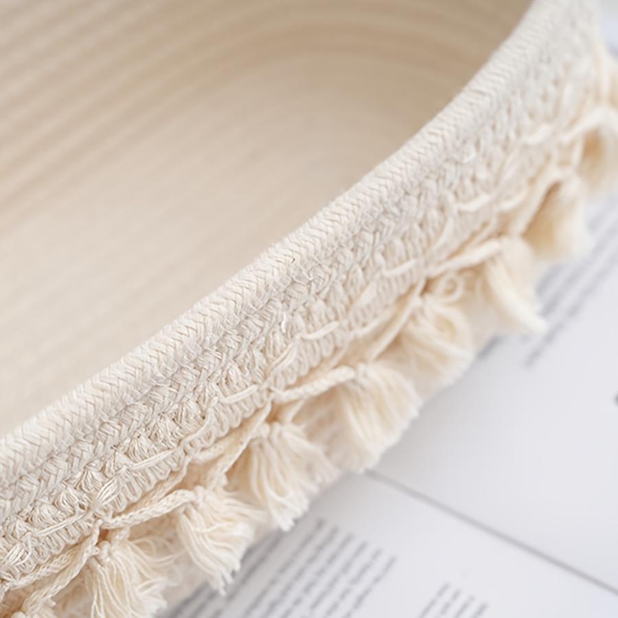 Boho Chic White/Khaki Rectangular Tassel Storage Basket Polyester Rope Organizer with Open Top for Living Room Bedroom Bathroom