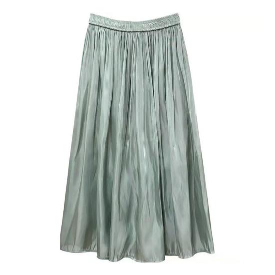 Skirt High Waist Long Skirt with Elastic Waistband Solid Color Glossy Chiffon Satin Skirt