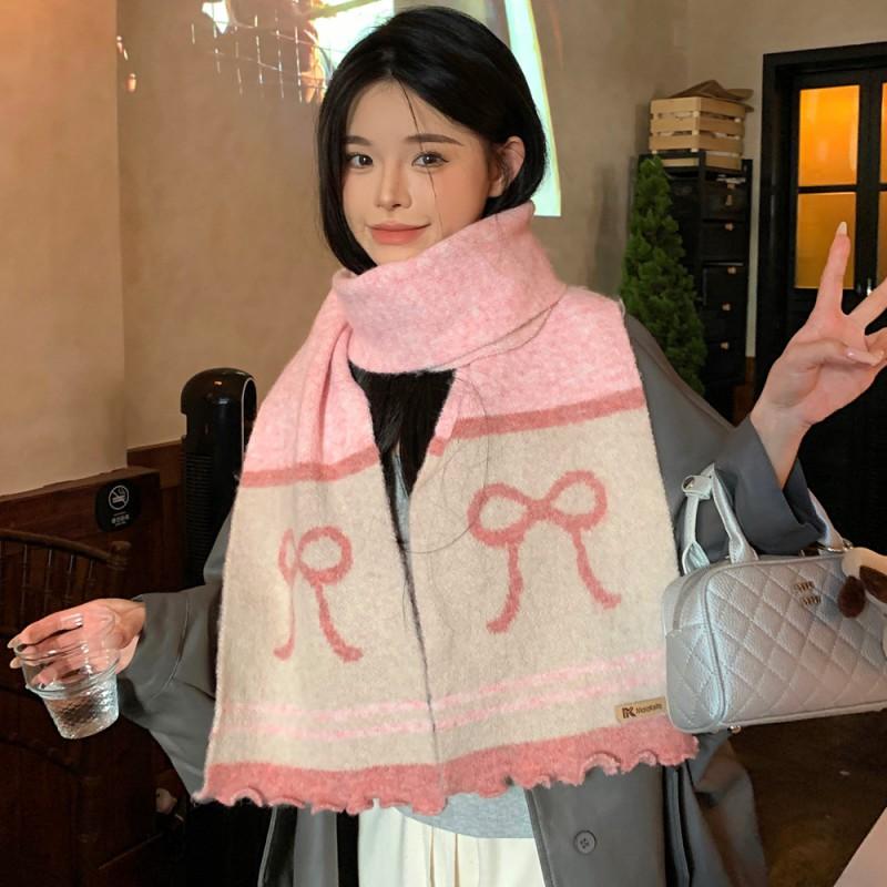 Soft Knitted Bow Scarf Women Winter Warm Wool Blend Neck Wrap With Fringe Trim Student Style