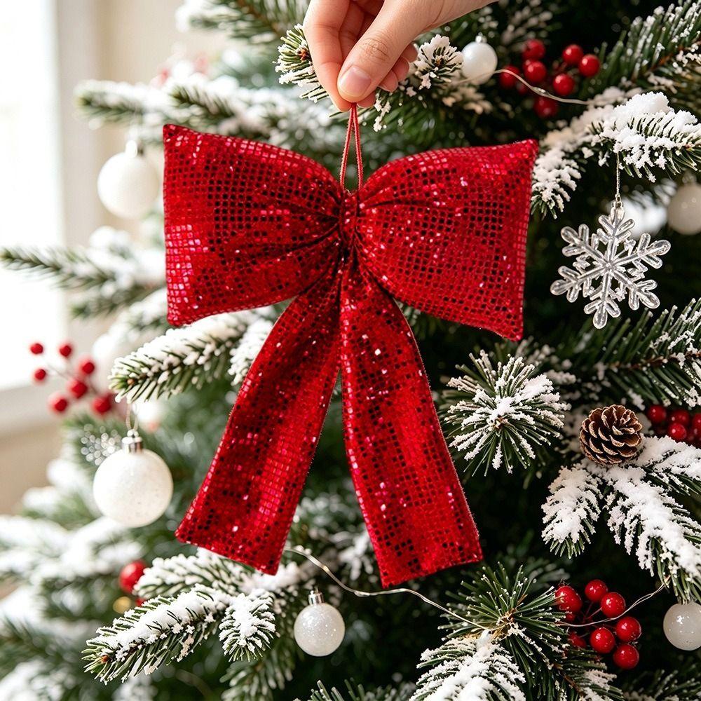 Fabric Made Christmas Bow Sequin Decor Bow Pendant Xmas Hanging Decor Xmas Tree Decor