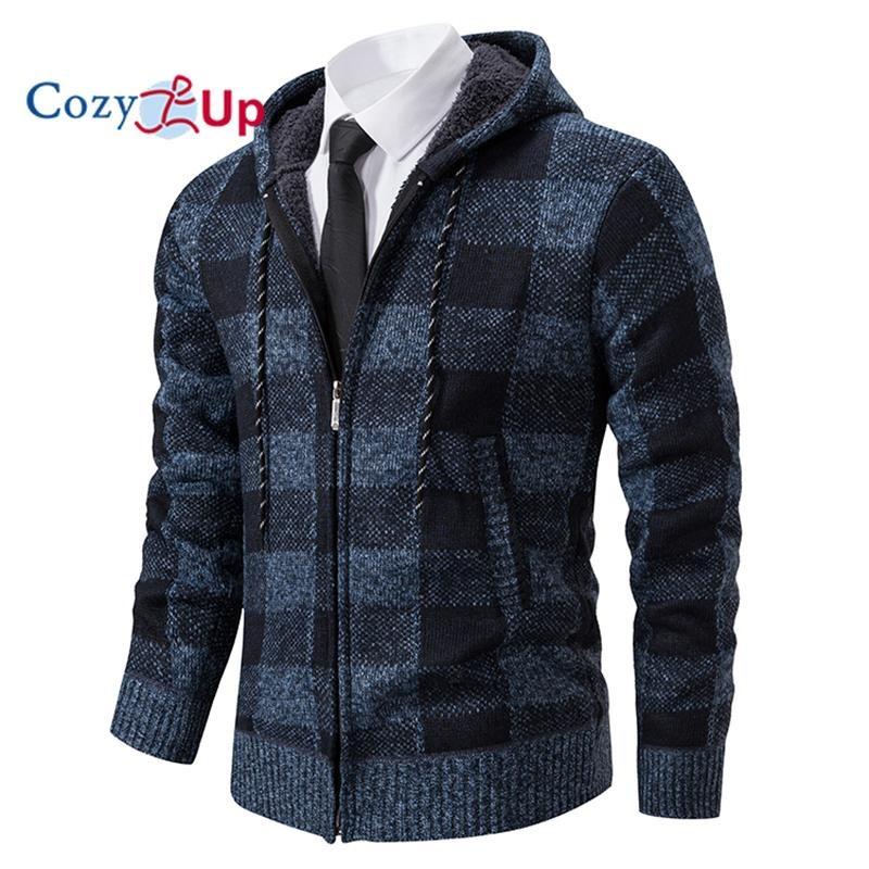 Cozy Up Мужской свитер, пальто, осень-зима, толстый, теплый, с капюшоном, клетчатый шерстяной свитер, кардиган, флисовое пальто на молнии, мужское пальто
