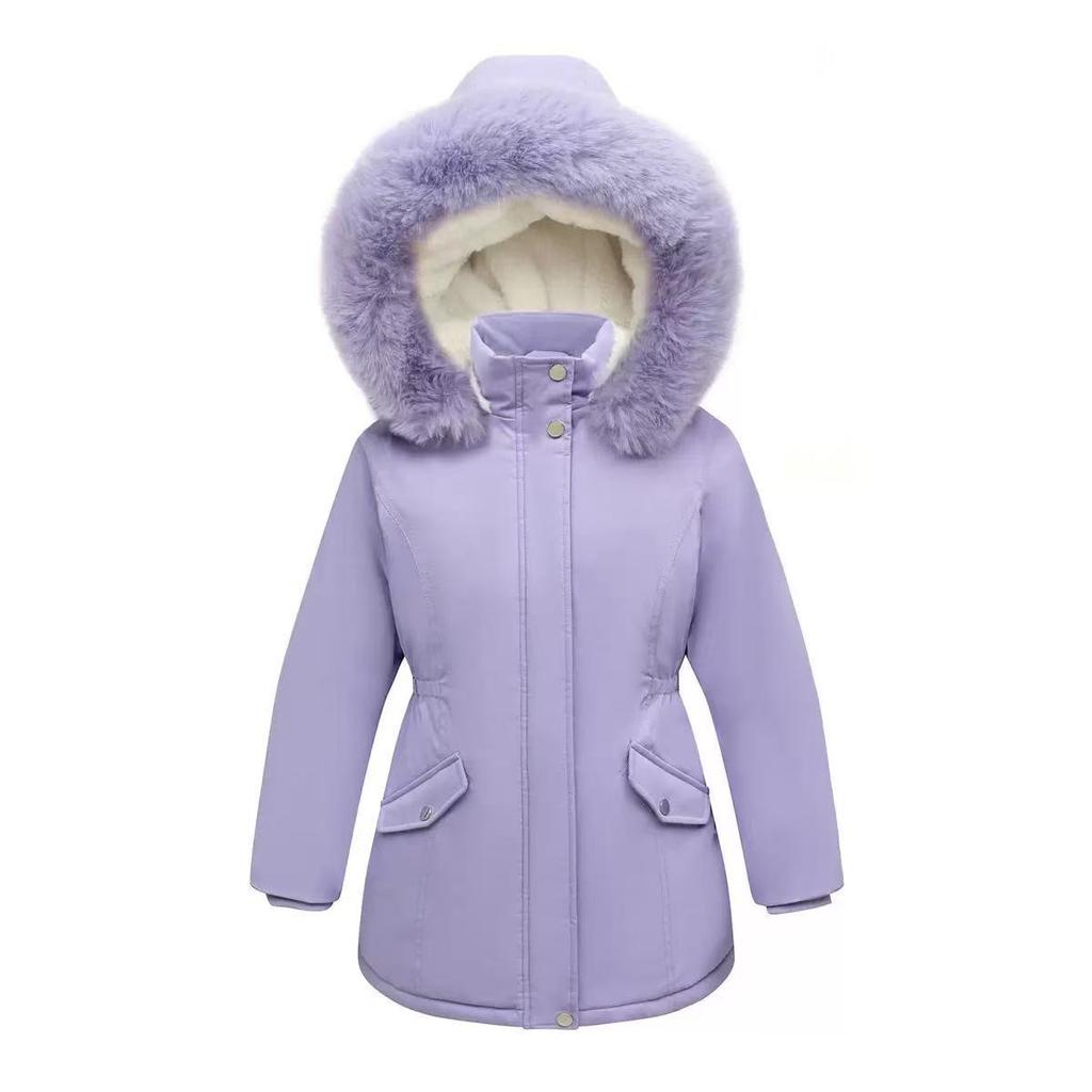 Подростковые зимние парки для девочек, детская однотонная куртка с толстой изоляцией на талии и плюшевым капюшоном, пальто, детская одежда, длинная верхняя одежда