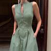 Women's Khaki French Linen A-line Dress: Autumn 2025 Waist-cinching Style