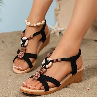 Модные женские босоножки на танкетке в богемном стиле Лето 2025 Комфортные Нескользящие Пляжная обувь Женские Большого размера Декор из бусин Уличные Сандалии Женские