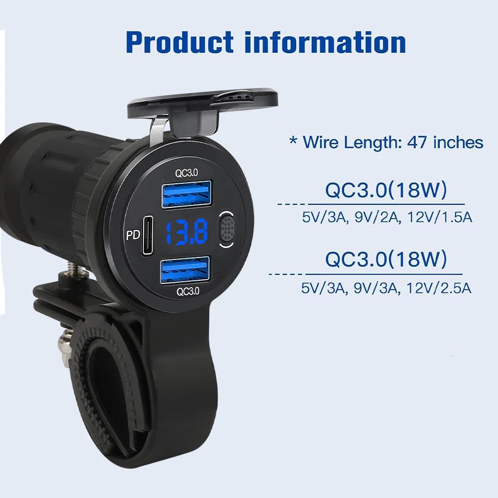 3 в 1 Цифровое зарядное устройство для мотоцикла PD+QC3.0 Двойной USB Быстрая зарядка Розетка Питания Порт USB Type-C Адаптер Питания Водонепроницаемый
