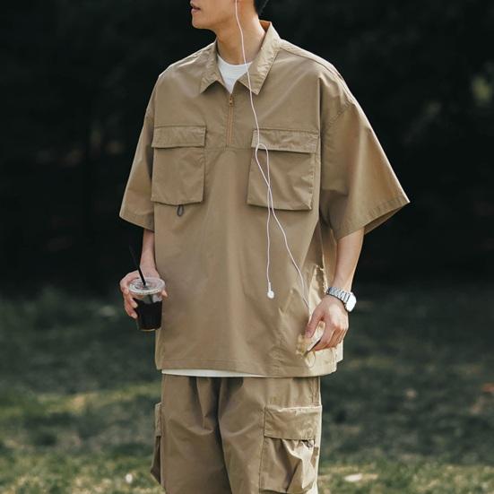 Summer Men Cargo Top Chest Pockets Solid Color Loose Zipper Plus Size Hip Hop Streetwear Plus Size Half Sleeves Half-open Turn-down Collar Mid