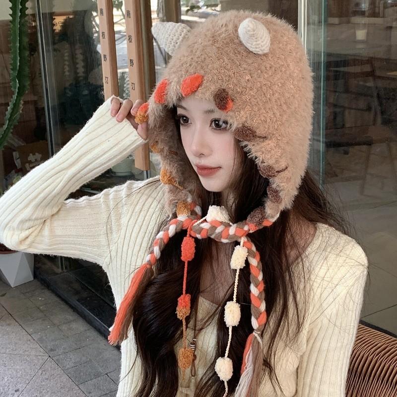 2025 новая японская милая шапка-чудовище из плетеной шерсти, женская сезонная теплая универсальная вязаная шапка с ушками