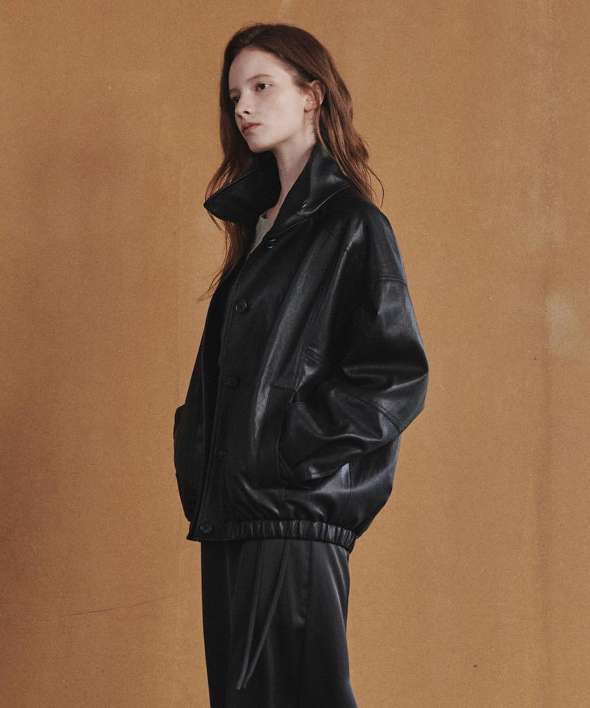 OSTKAKA High-Neck Leather Blouson Jumper Black