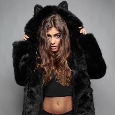 Пальто из искусственного меха с капюшоном и мультяшными ушками - Женская плюшевая куртка из лисьего меха в европейском и американском стиле