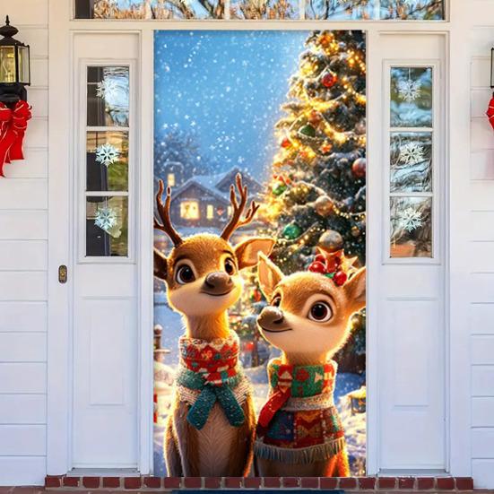 Yousheng Christmas Door Cover Cute Reindeer Front Door Cover 35x82in Porch Welcome Sign Banner for Winter Holiday Party Photo Backdrop Decor