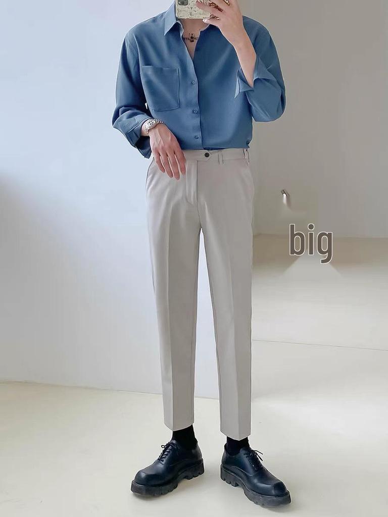 Men's Trendy Korean Style Loose Long Sleeve Shirt - 2022 Spring/Autumn Drape, Non-Iron, Solid Color